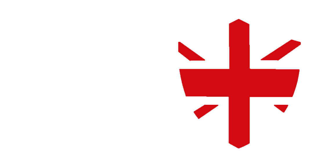 Red geometric design resembling a cross on a white background.