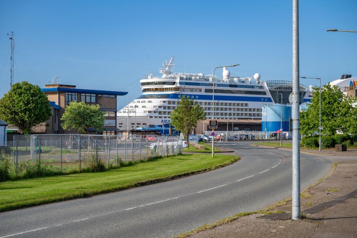 Cruise ship docked near buildings and trees on a sunny day.